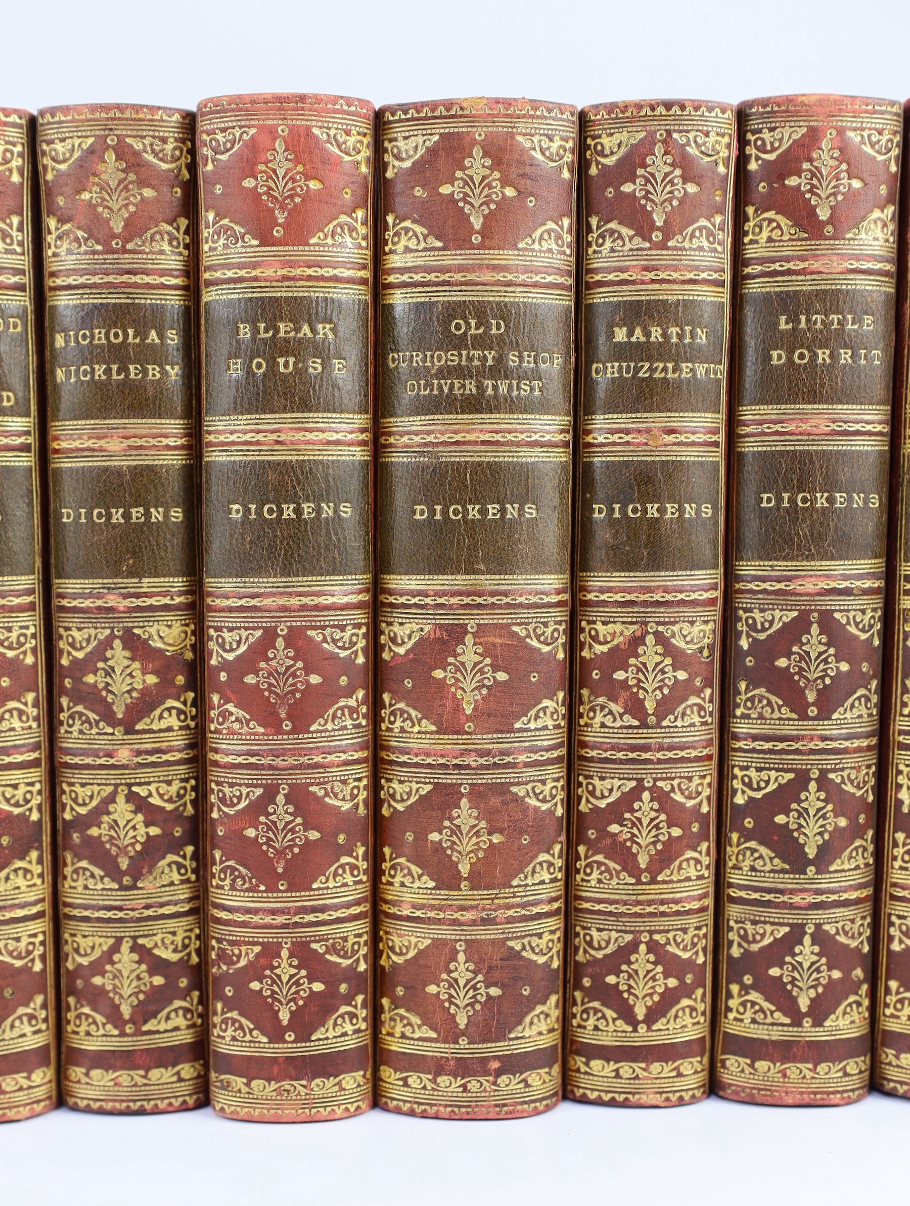 Dickens, Charles - Works - ‘’The Charles Dickens edition’’, 14 vols (of 21) 8vo, half red morocco, with marbled boards, Chapman and Hall, London, c. 1890